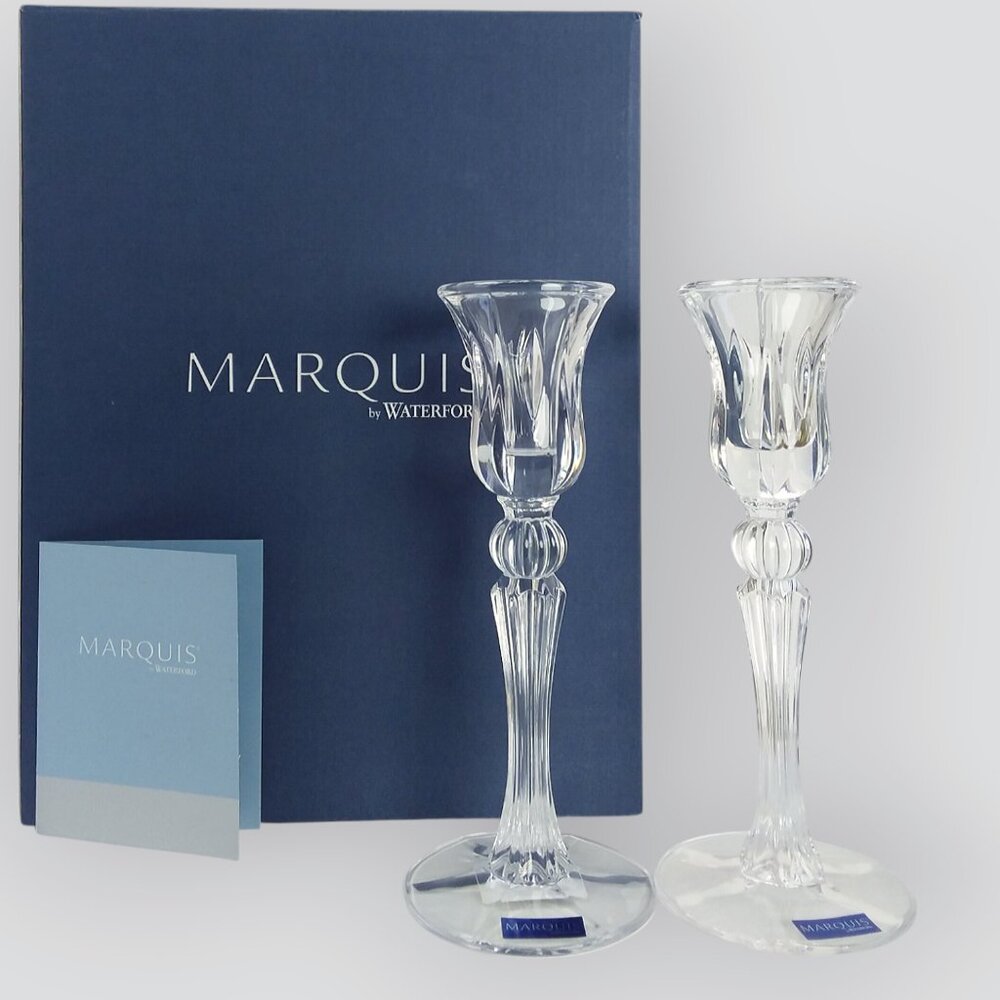 Marquis by Waterford Sheridan Candle Stick Holders 8in Tall Pair Germany NIB